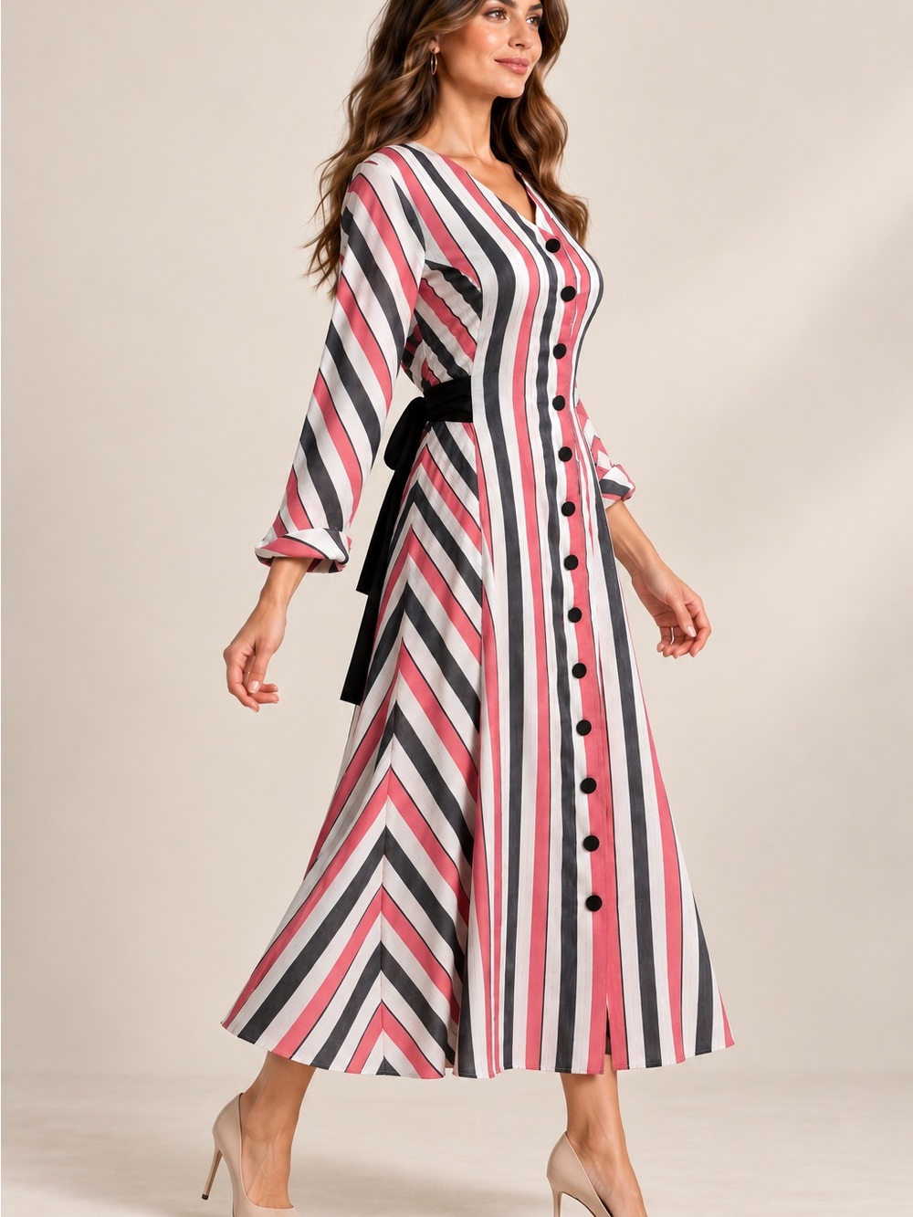 Striped Pink, Black & White Maxi Button-Front Dress